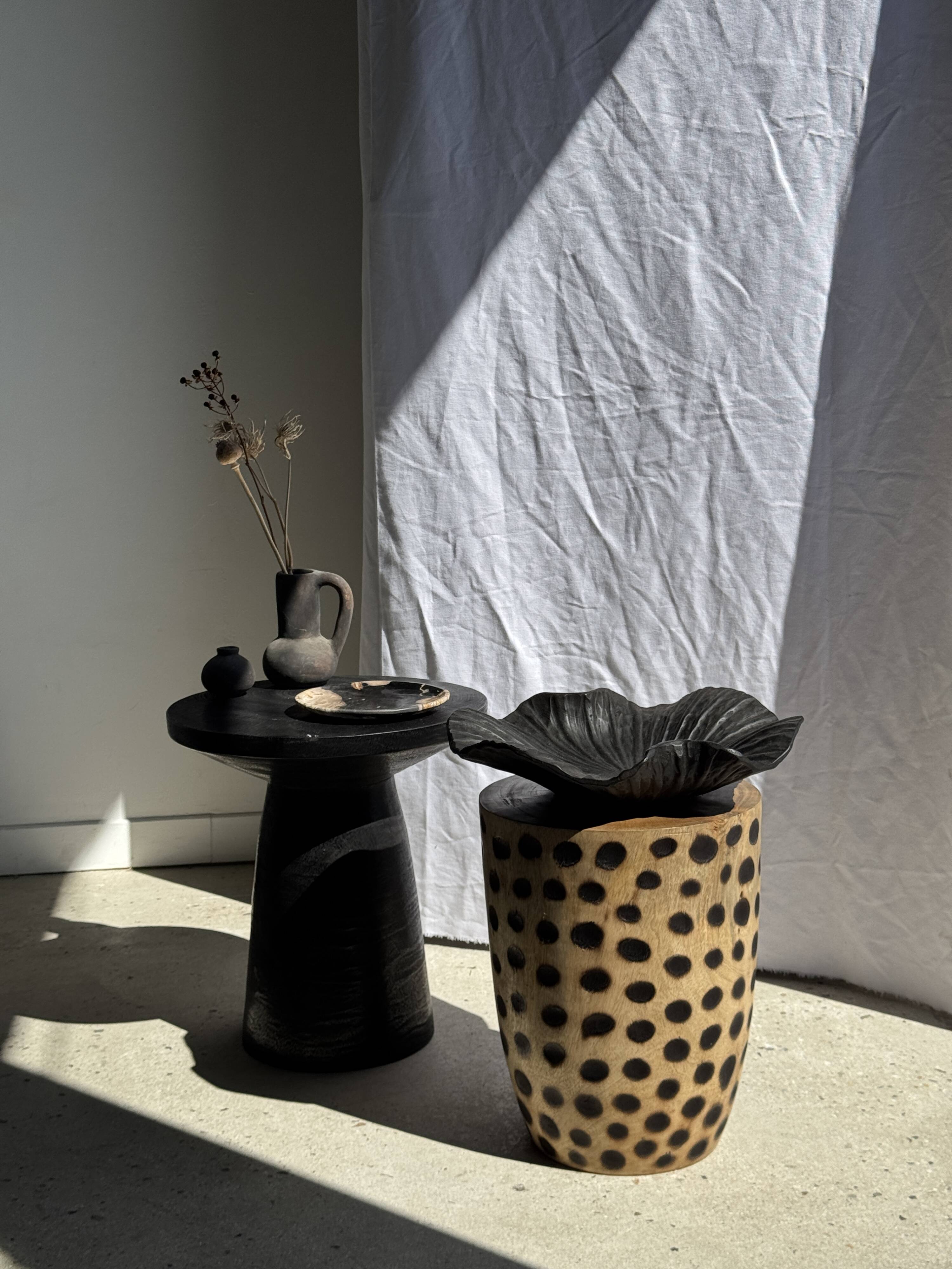 Stool, side table, cylindrical solid mango wood end table.