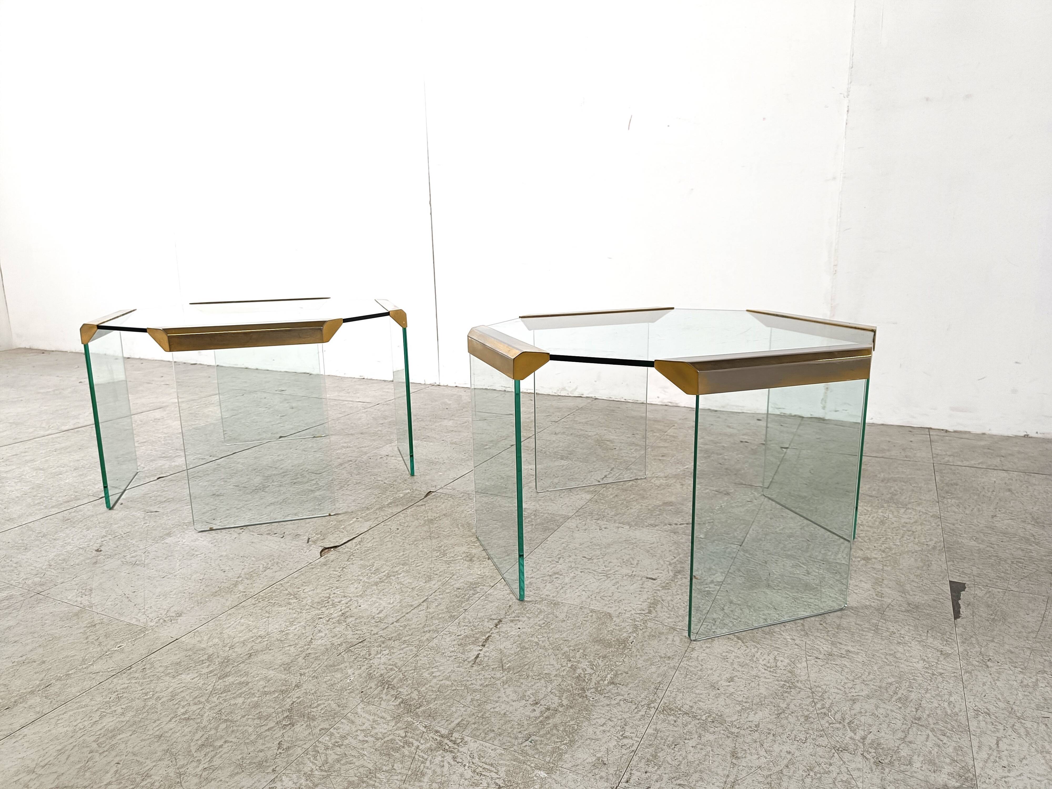 Pair of vintage brass and glass side tables,  1970s