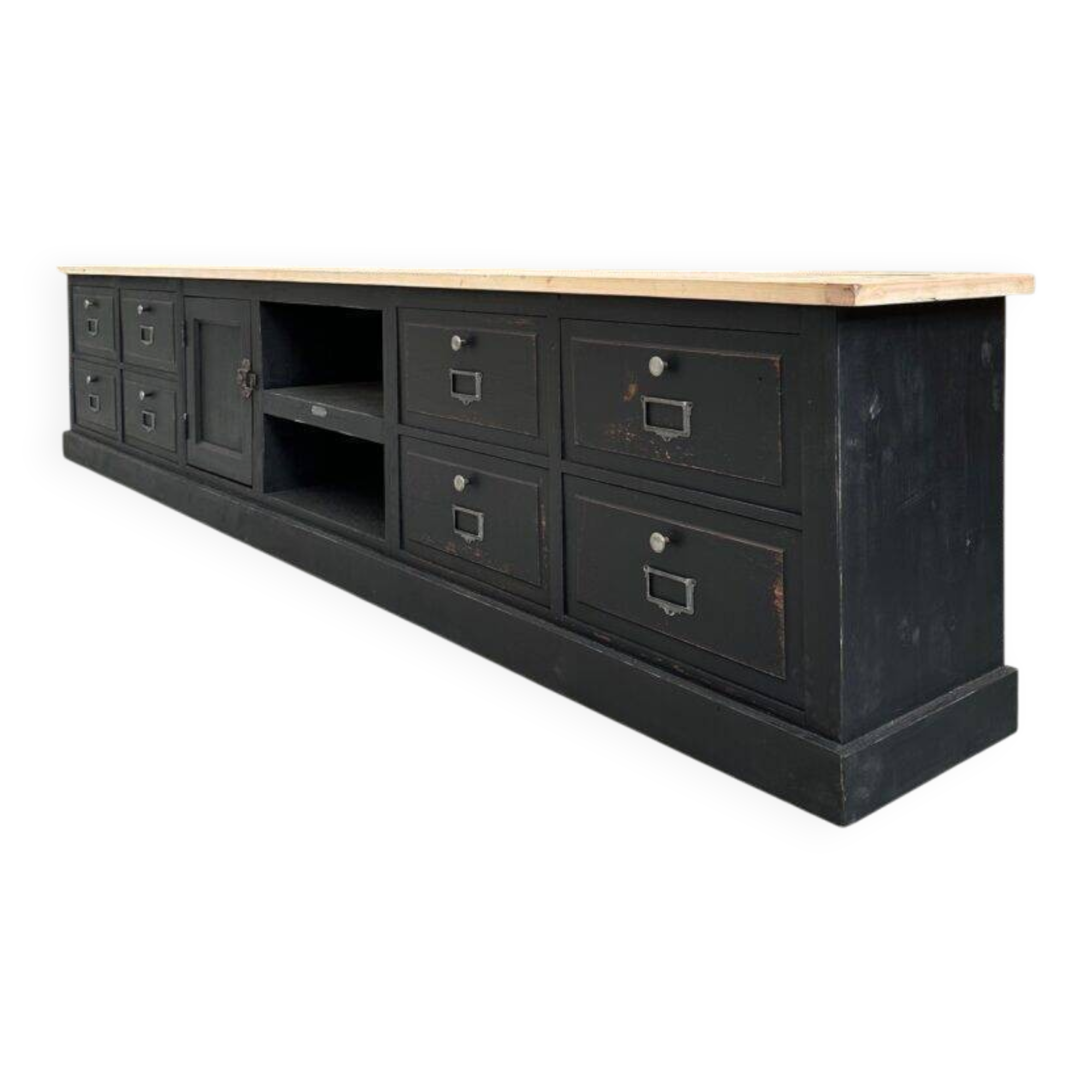 Old workshop furniture transformed into a TV unit.