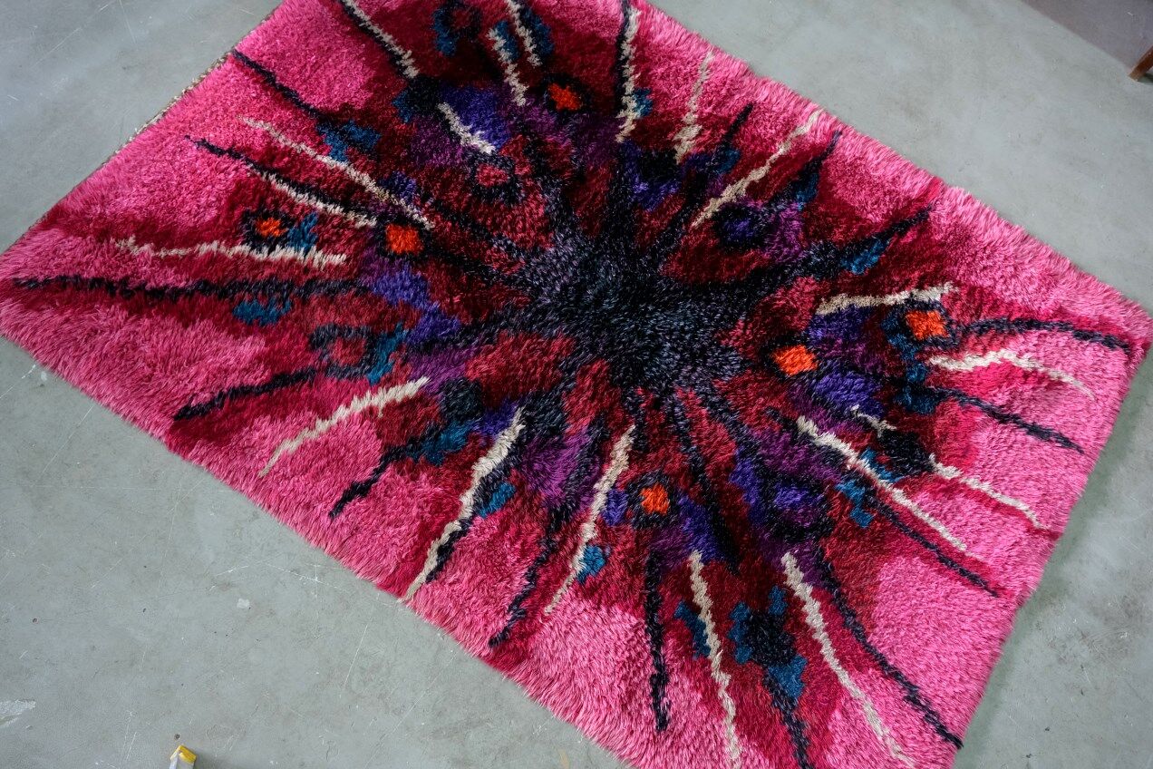Abstract Scandinavian  Hand-Knotted High Pile Rya Rug Carpet, Sweden, 1960s