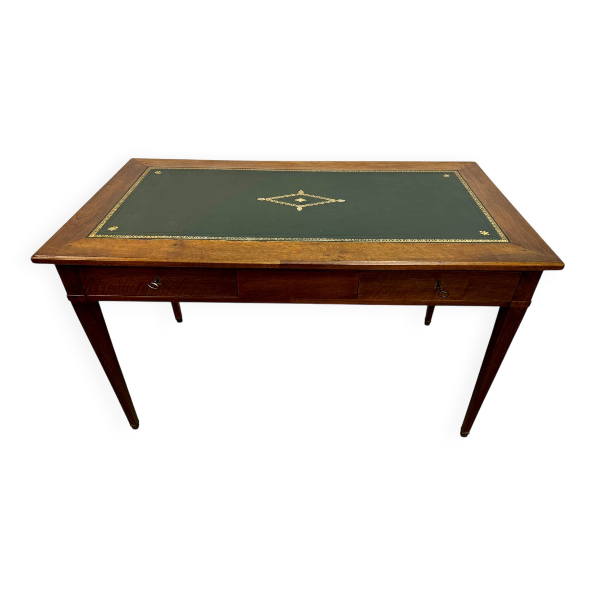 Louis XVI desk with green leather and shelves.