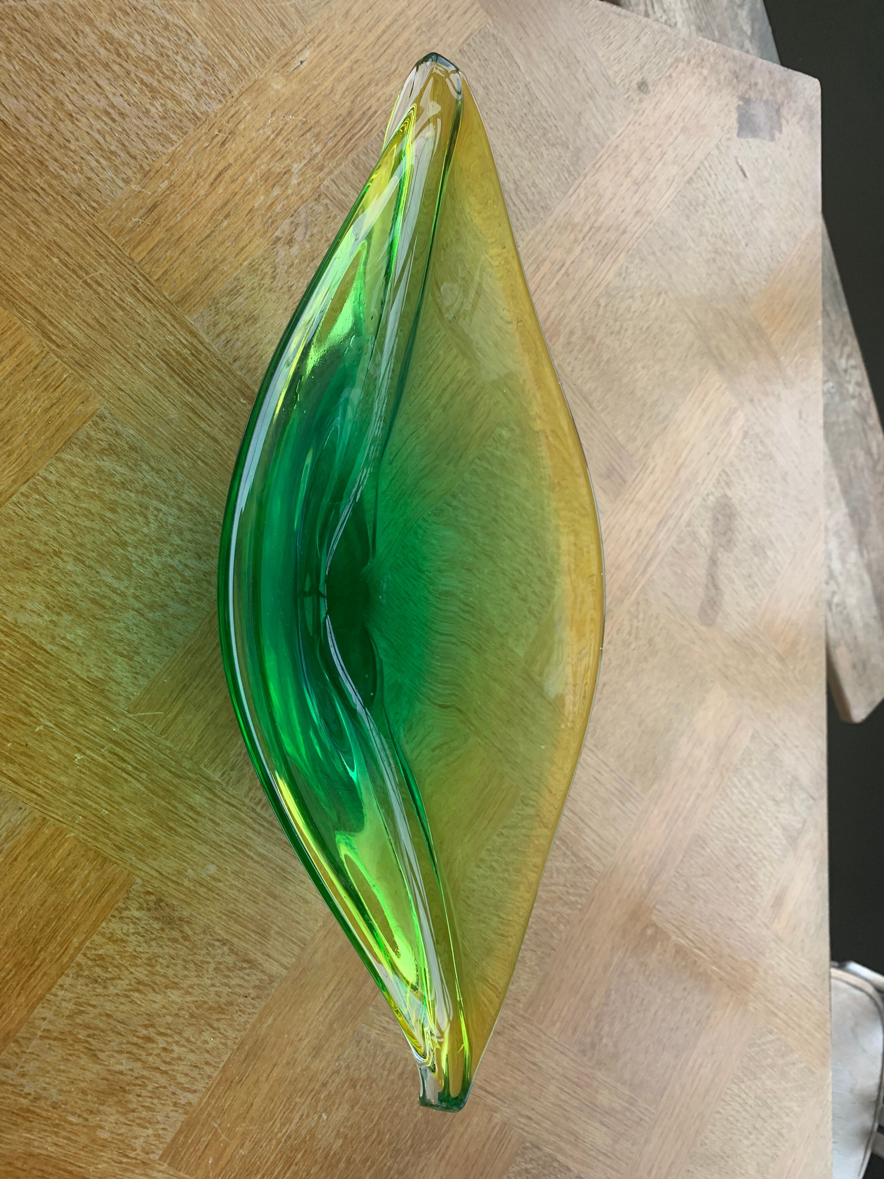 Glass fruit cup in the shape of a vintage yellow green vegetable leaf