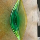 Coupe à fruits en verre en forme de feuille végétal jaune vert vintage