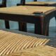 Suite of 6 chairs brutalist style straw and solid oak