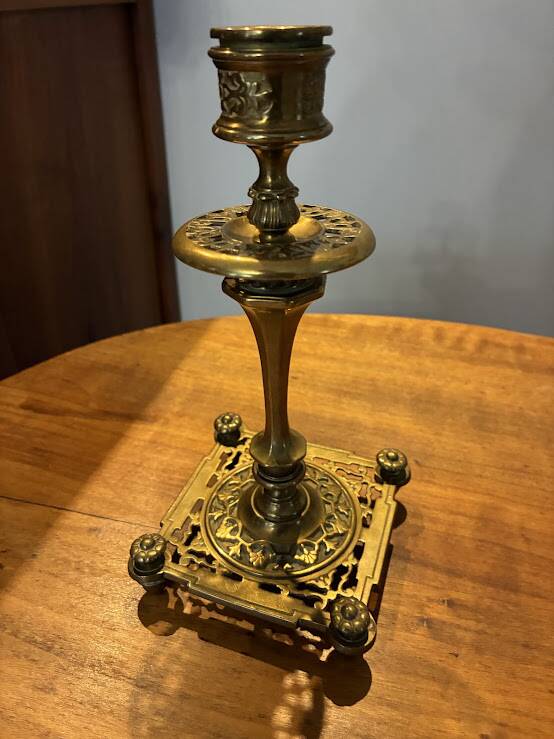 Pair of candlesticks, antique brass, 19th century, signed Prachthauser