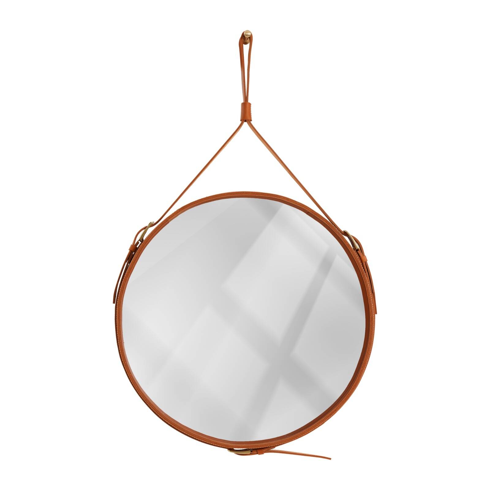 Handmade J. Adnet style mirror in tan color veg-tanned leather, ø 70 cm