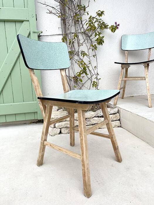 Set of 2 wooden and water green Formica chairs