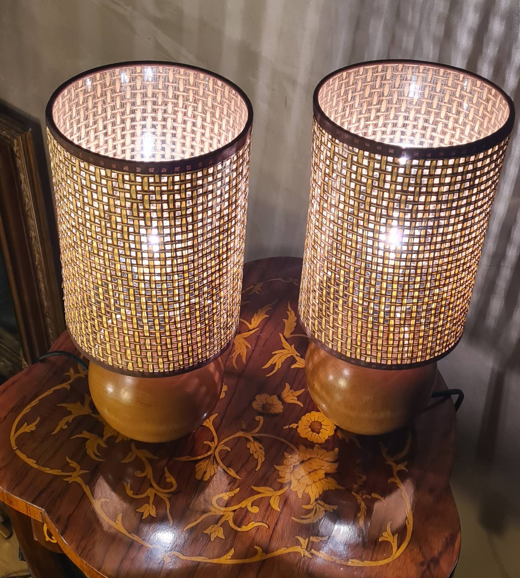 pair of Scandinavian wooden ball bedside lamps elec ok 32x14