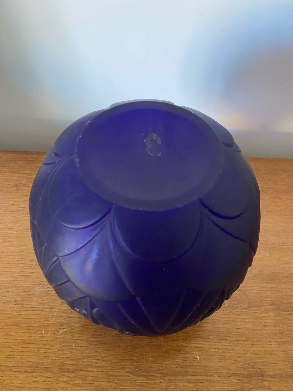 Antique Art Deco Ball Vase Molded Glass Czech Blue Vintage Decoration