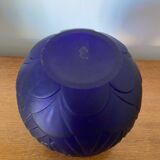 Ancien Vase Boule Art Déco Verre Moulé Bleu Tchèque Décoration Vintage