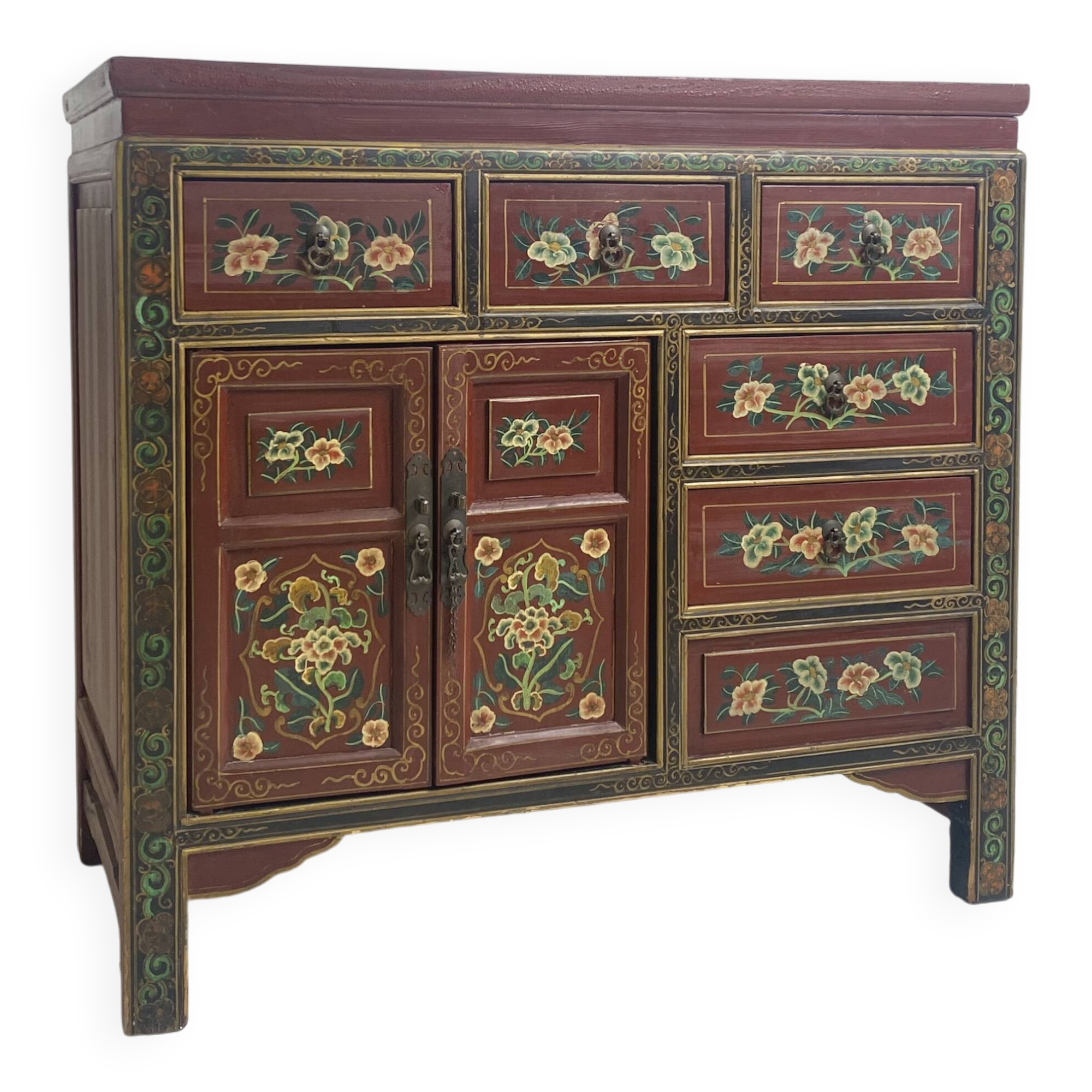 Buffet chinois vintage peint à la main, meuble rouge à décor floral