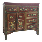 Buffet chinois vintage peint à la main, meuble rouge à décor floral