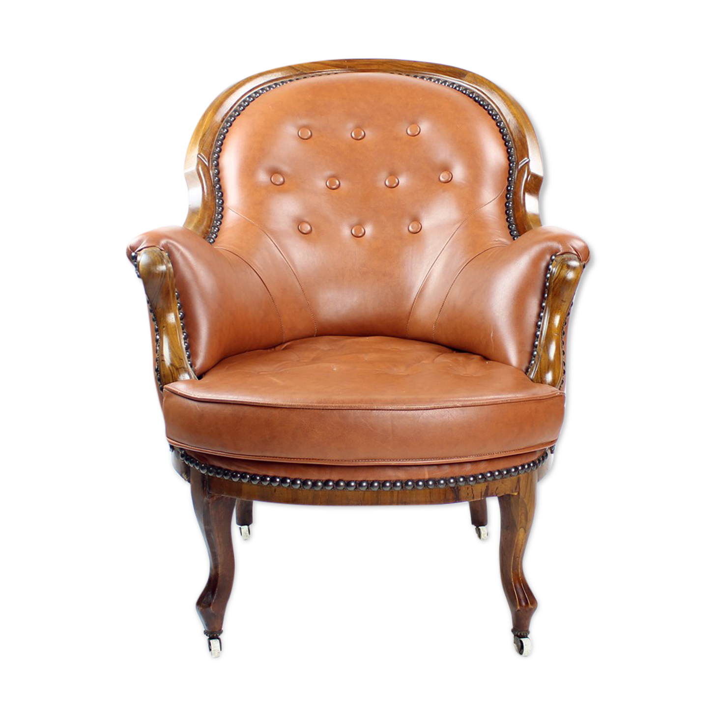 Fauteuil en cuir et noyer cognac, Tchécoslovaquie années 1940