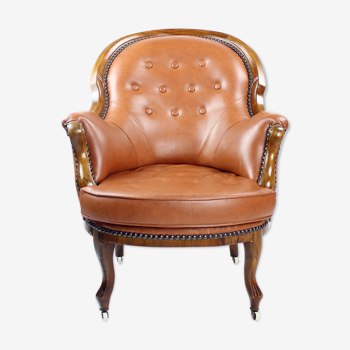 Fauteuil en cuir et noyer cognac, Tchécoslovaquie années 1940