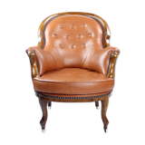Fauteuil en cuir et noyer cognac, Tchécoslovaquie années 1940