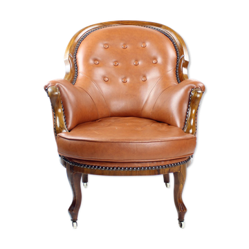 Fauteuil en cuir et noyer cognac, Tchécoslovaquie années 1940