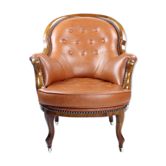 Fauteuil en cuir et noyer cognac, Tchécoslovaquie années 1940