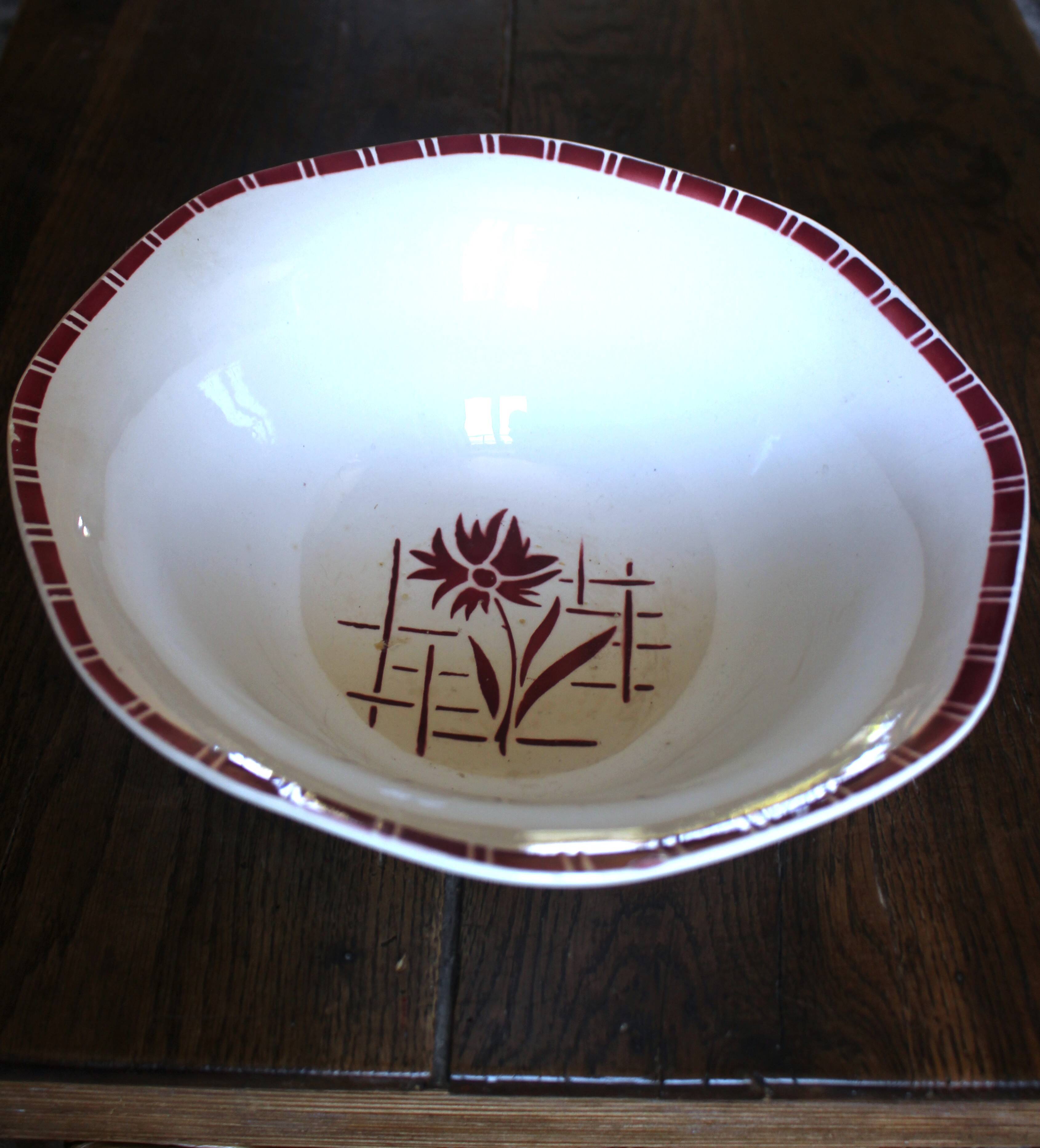 Saladier Sylvia Digoin Sarreguemines fleur rouge Art Deco