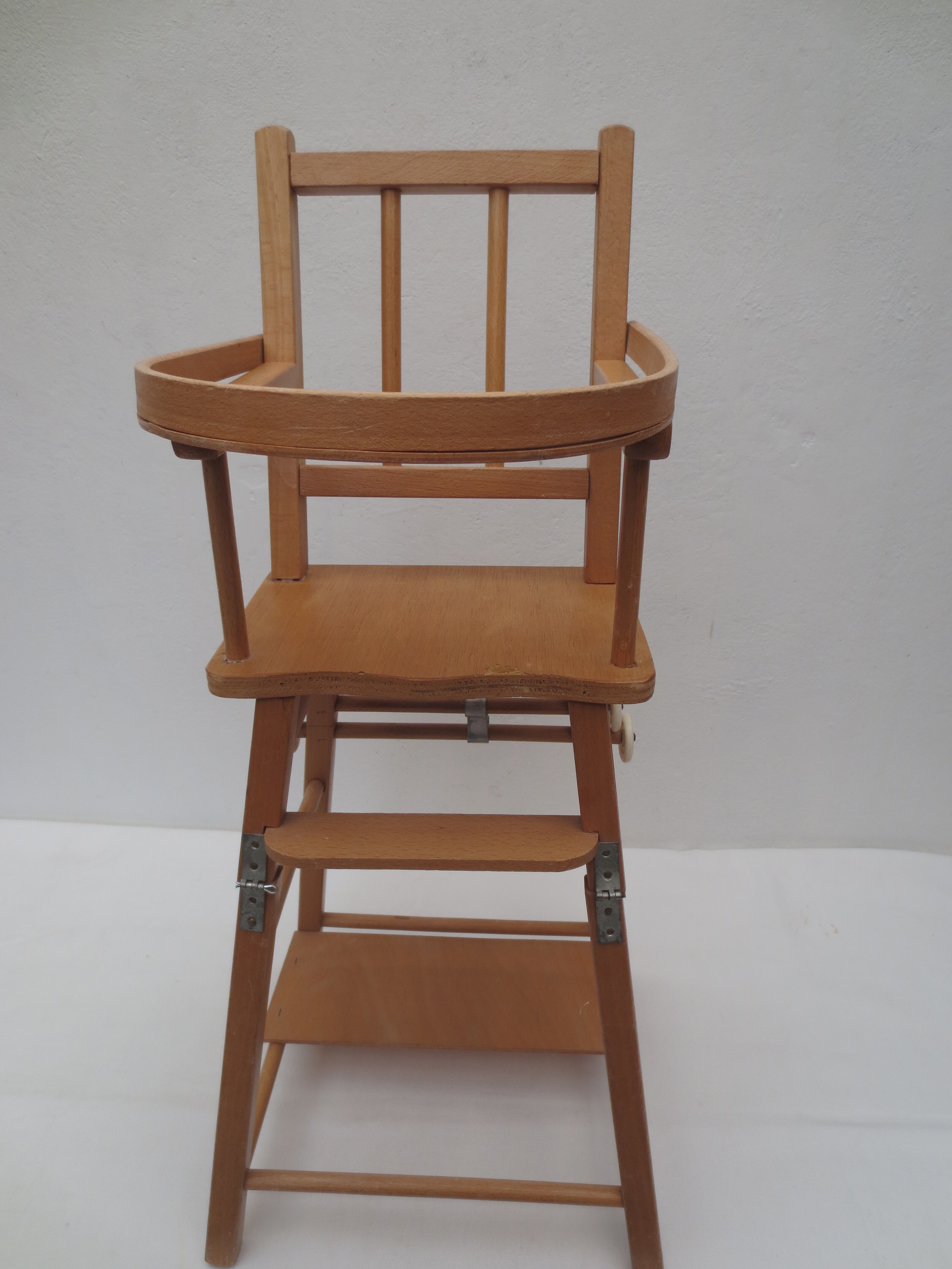 doll high chair with bars, light wood