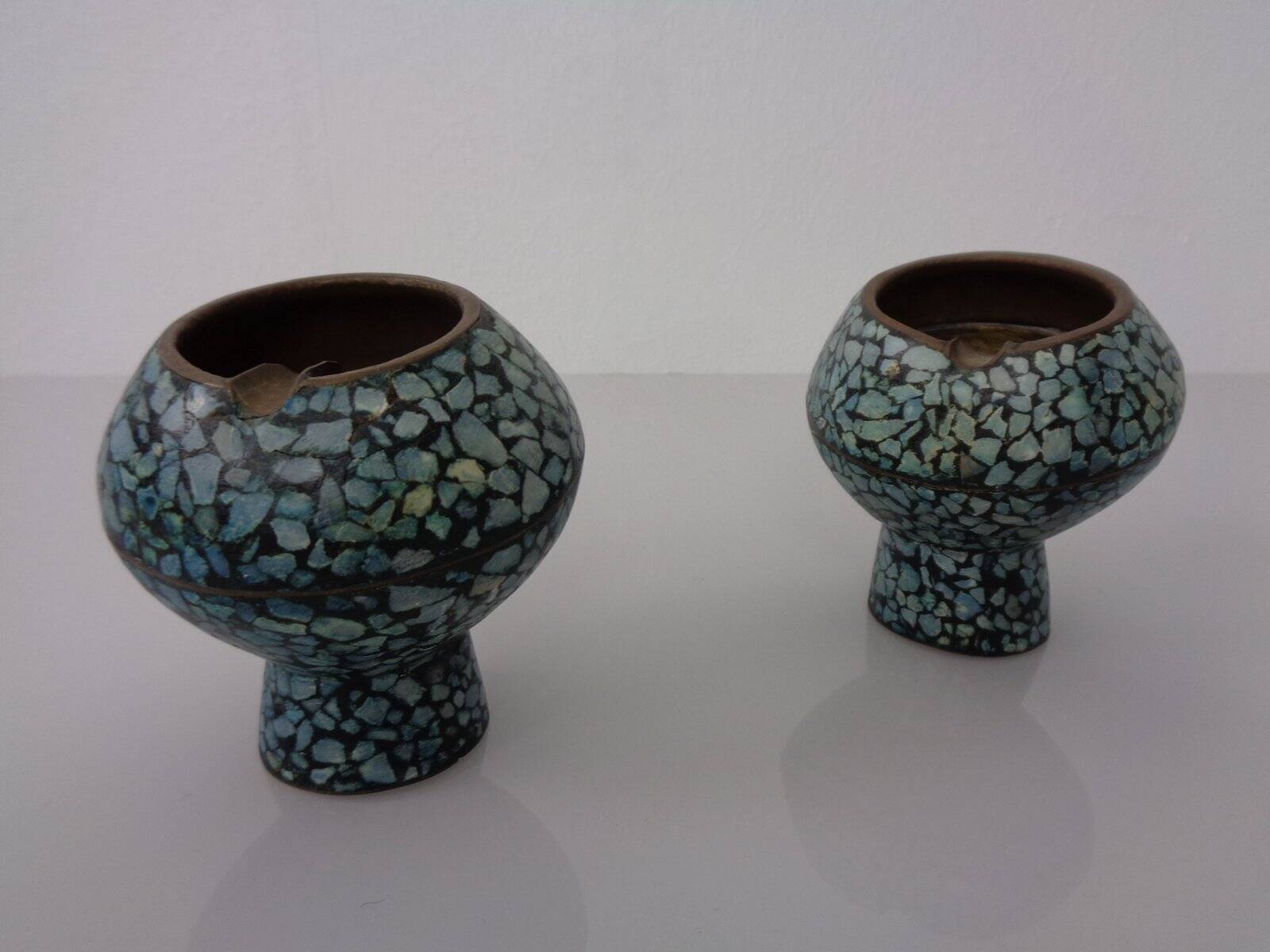 Vintage Indian Copper & Turquoise Stone Ashtrays, 1960s, Set of 2