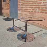 Oval table 70s design – Glass, Chrome & Walnut