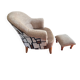 Pair of beige bouclette fabric frog chairs and their footrest.