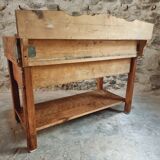 Table de boucher française vintage – Bloc de hêtre des années 1960 – Table de boucher avec tiroir et étagère