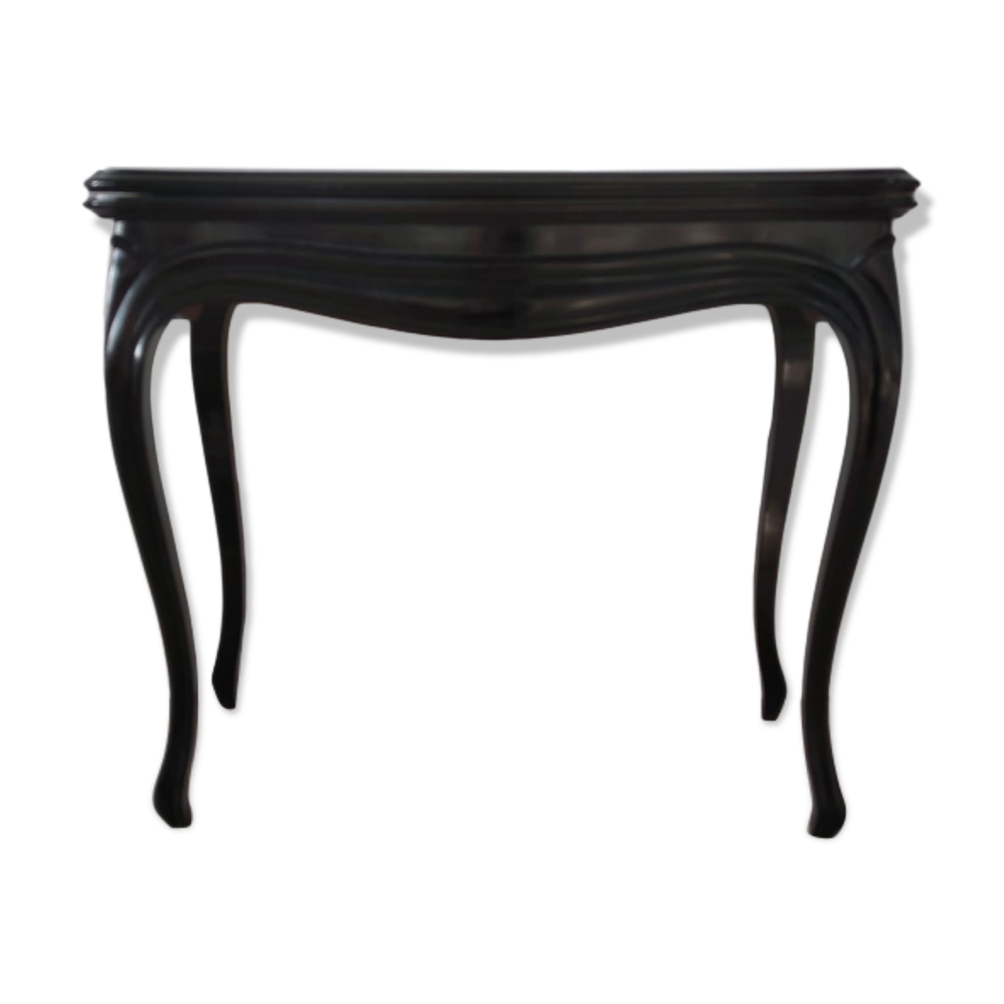 Molded blackened wooden play table, arched legs, green felt