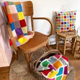 Plaid multicolore en crochet en laine vintage Granny square