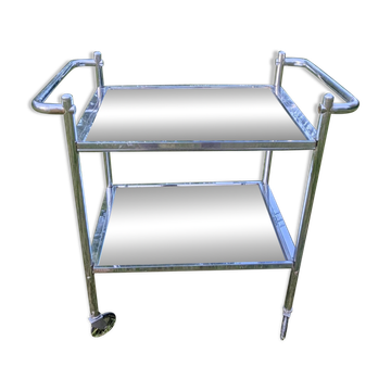 Vintage 1950s serving trolley, nickel-plated brass, modernist mirror.