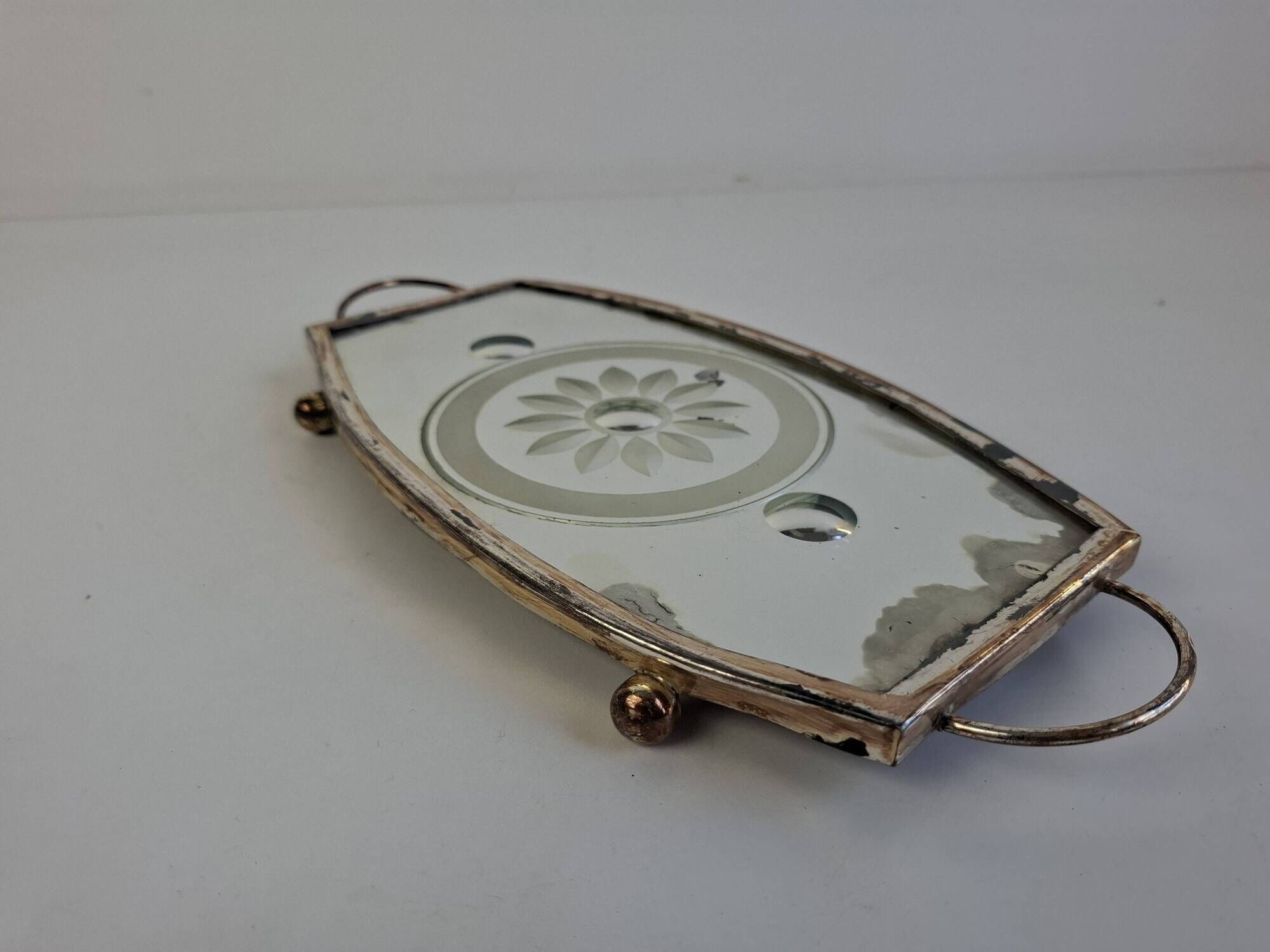 Vintage Art Deco Mirrored Glass Serving Tray with Floral Motif