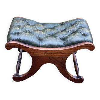 Chesterfield pouf in olive green leather, footstool