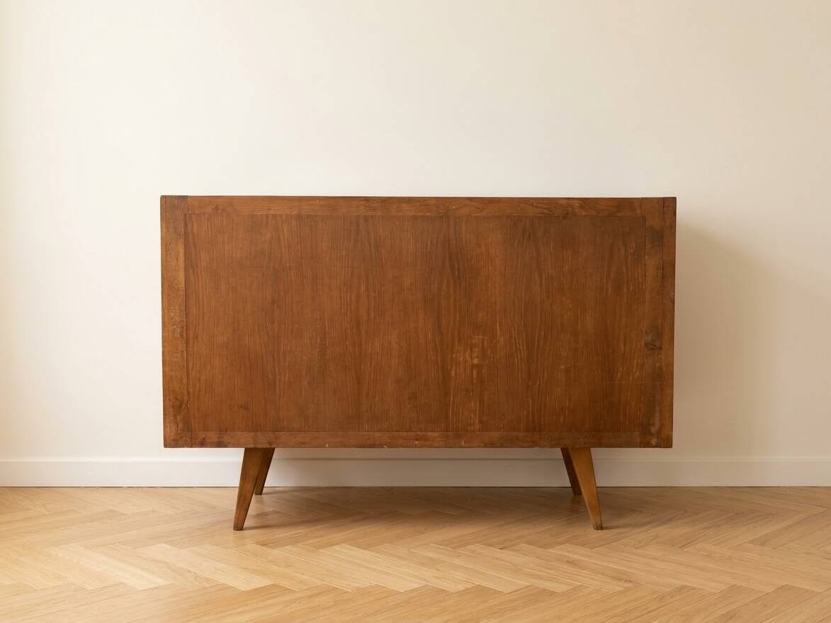 Vintage Scandinavian desk in waxed wood with 7 drawers.