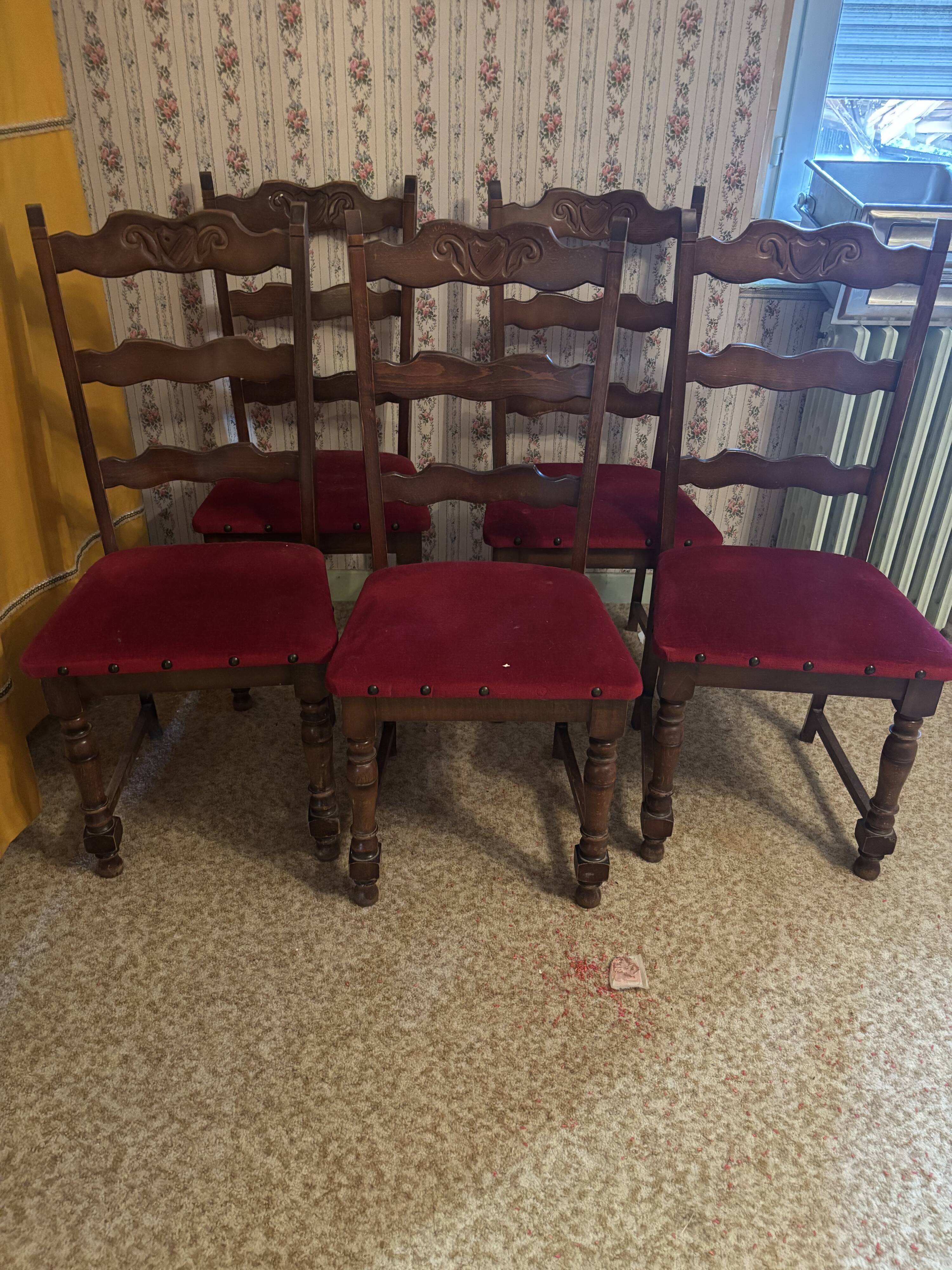 6 antique wooden and fabric chairs