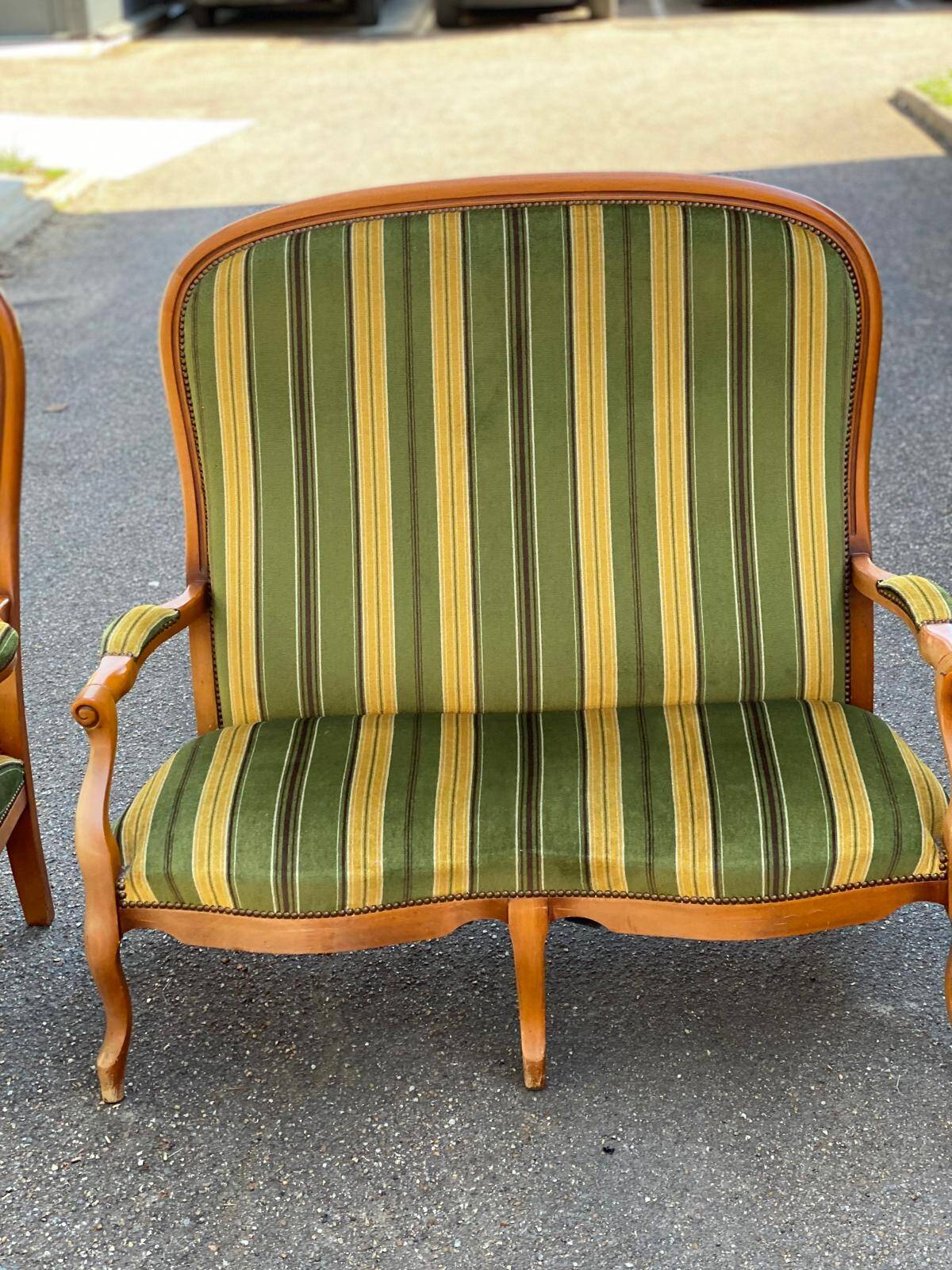 Voltaire Louis XV style living room set in green and yellow velvet with stripes