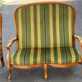 Voltaire Louis XV style living room set in green and yellow velvet with stripes