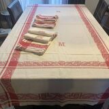 Vintage Large Damask Tablecloth with Six Monogram M Napkins.