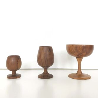 Trio of egg cup glasses and Scandinavian wooden cup