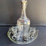 Liquor service Art Nouveau 1/2 Enamelled colored crystal with silver metal frame