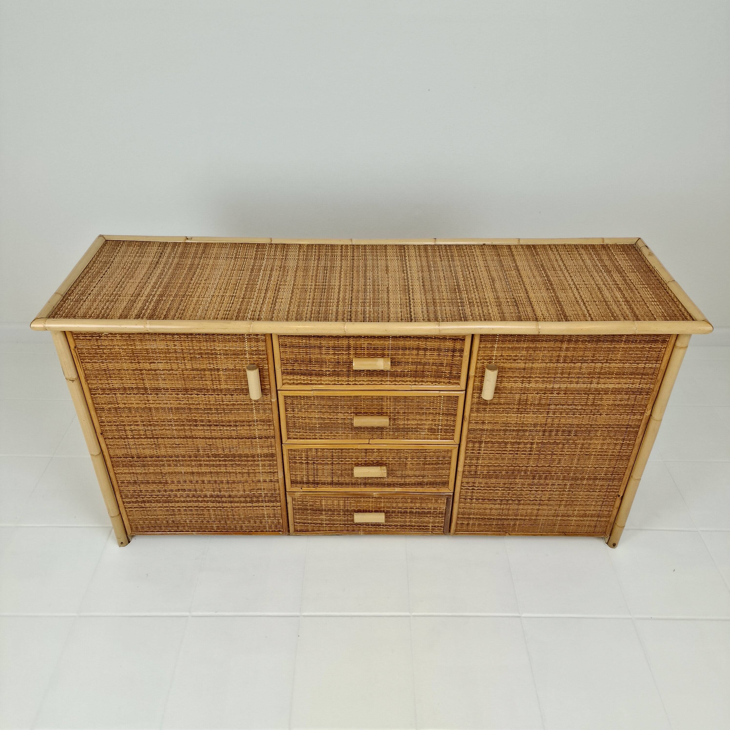 Italian Bamboo and Rattan Chest of Drawers or Credenza, 1980s
