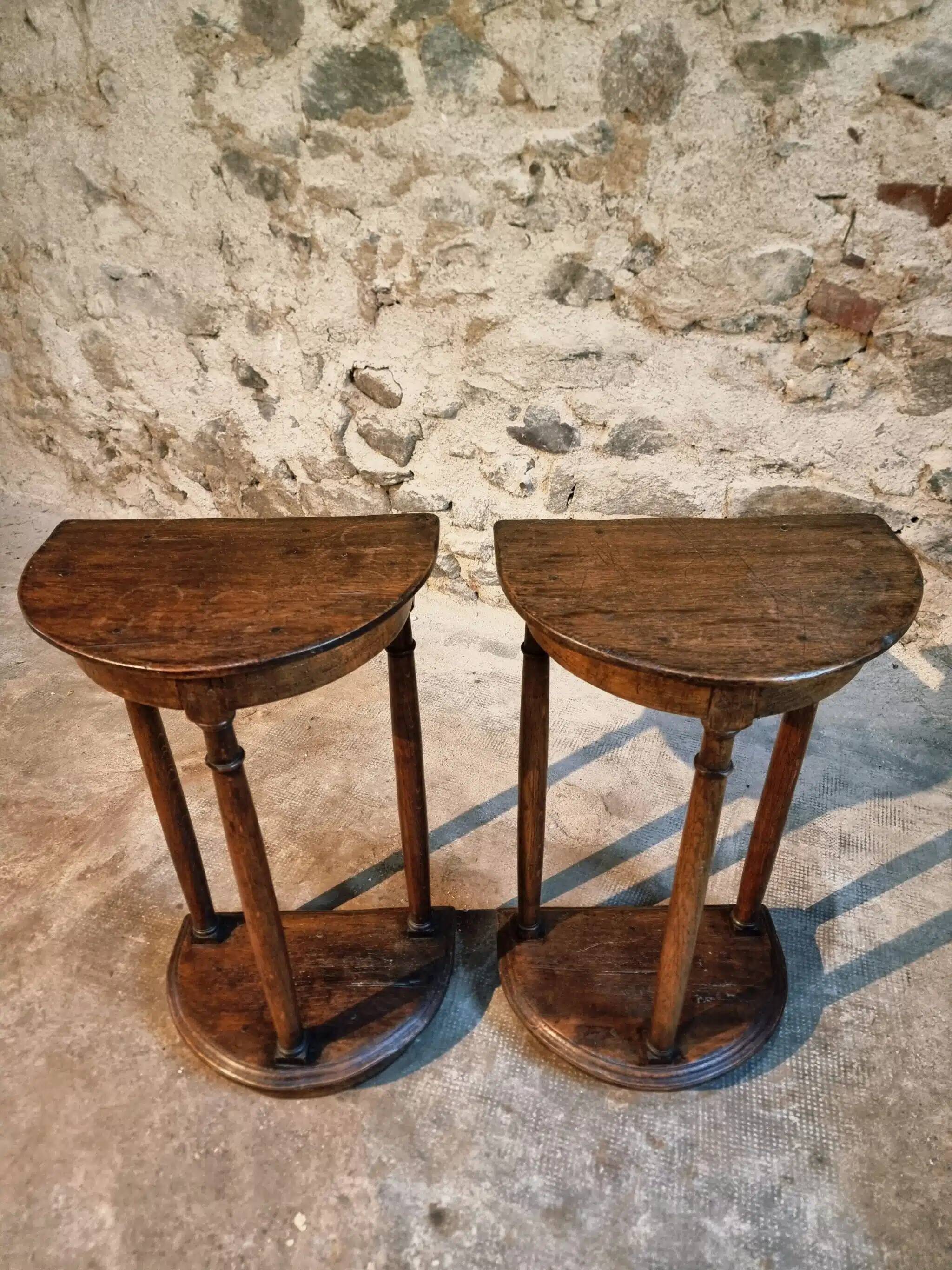 Pair of antique solid wood half-moon side tables, 19th century