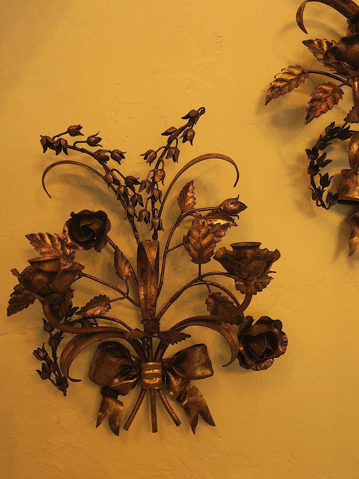 Pair of gold plated wall double candleholders with roses by Hans Kögl, 1960