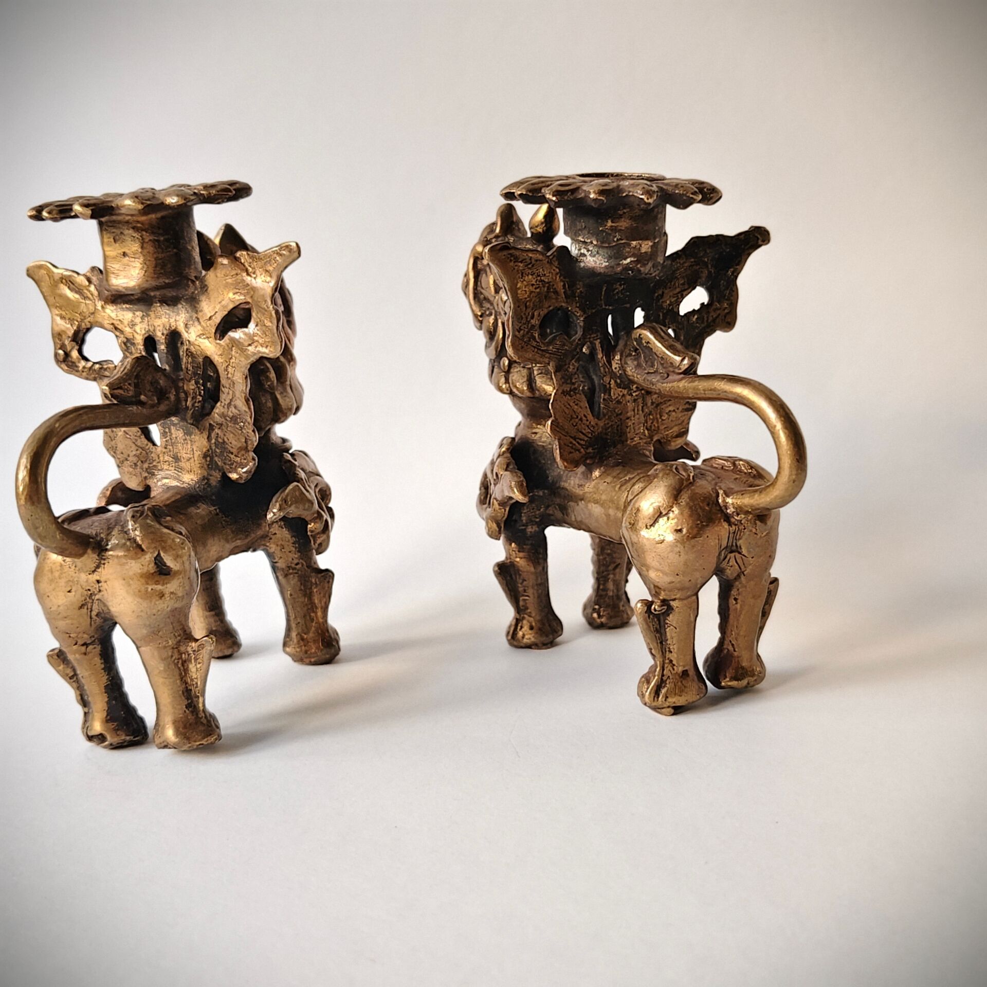 Pair of vintage brass candlesticks, Foo Dogs / Guardian Lions