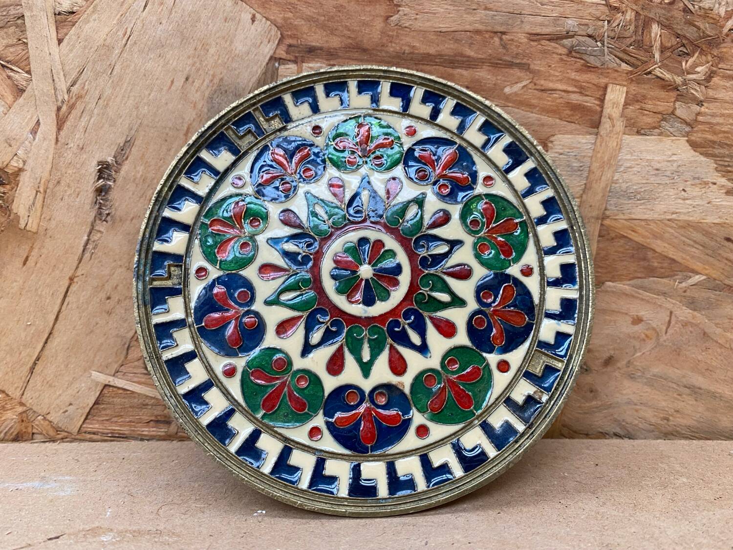 Antique brass plate enameled decor mandala vintage #b161