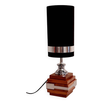 Lampe en bois et inox brossé, années 70