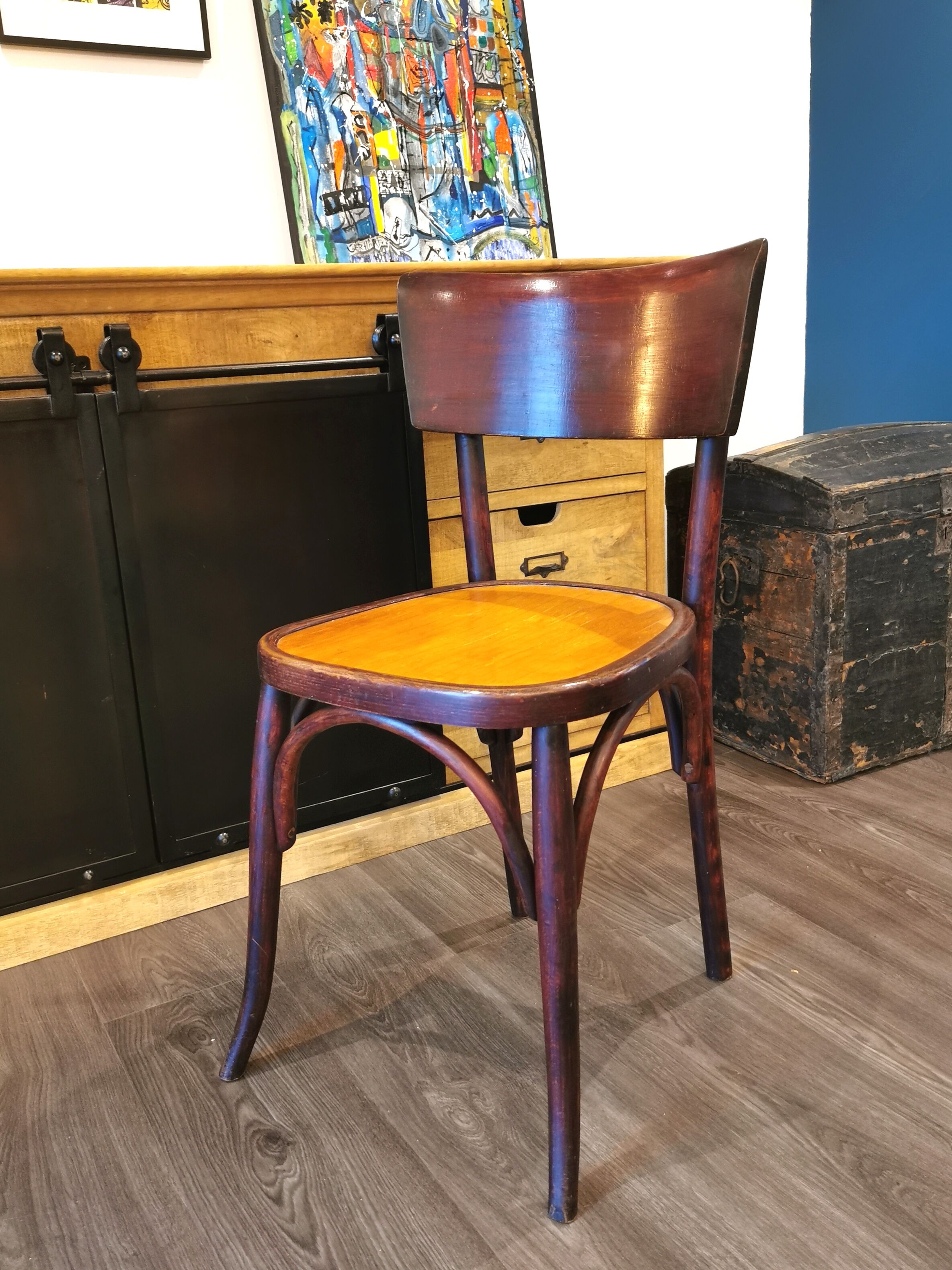 Series of 6 mismatched bistro chairs Baumann and Mahieu