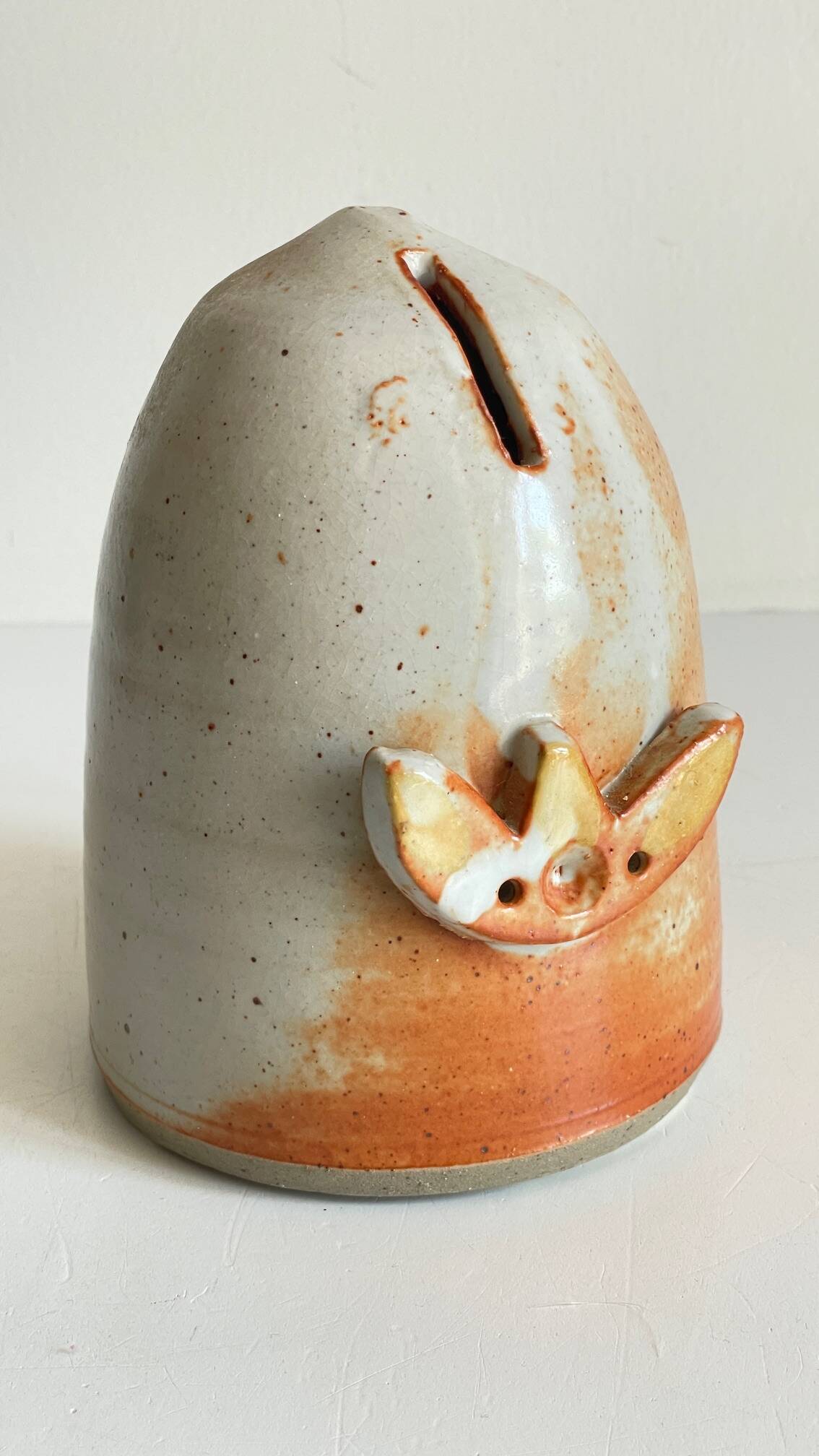 Vintage enameled stoneware owl money box