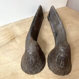 Pair of modernist anthropomorphic fireplace andirons, brutalist log holders 1950s