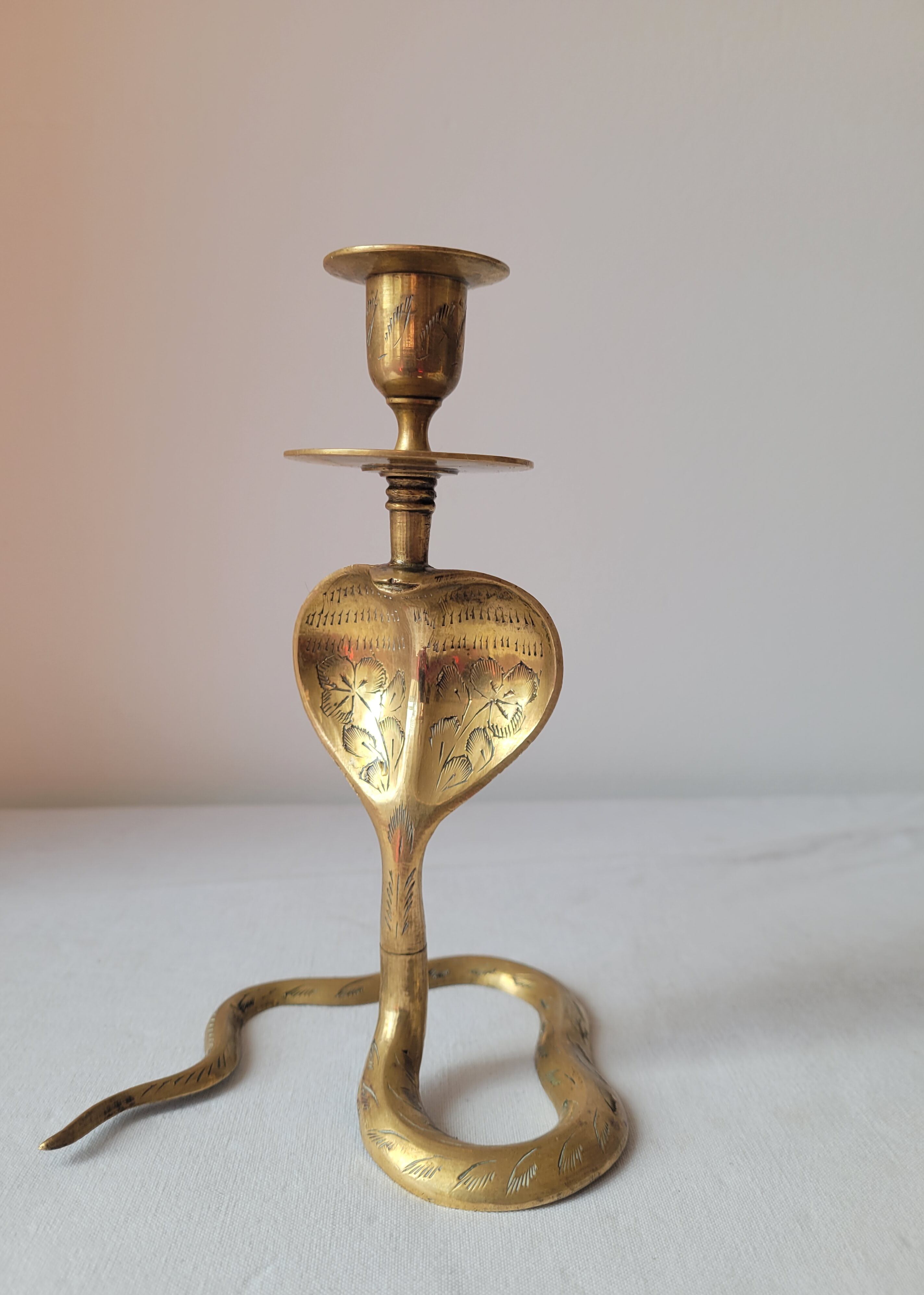 Zoomorphic snake cobra brass candle holder