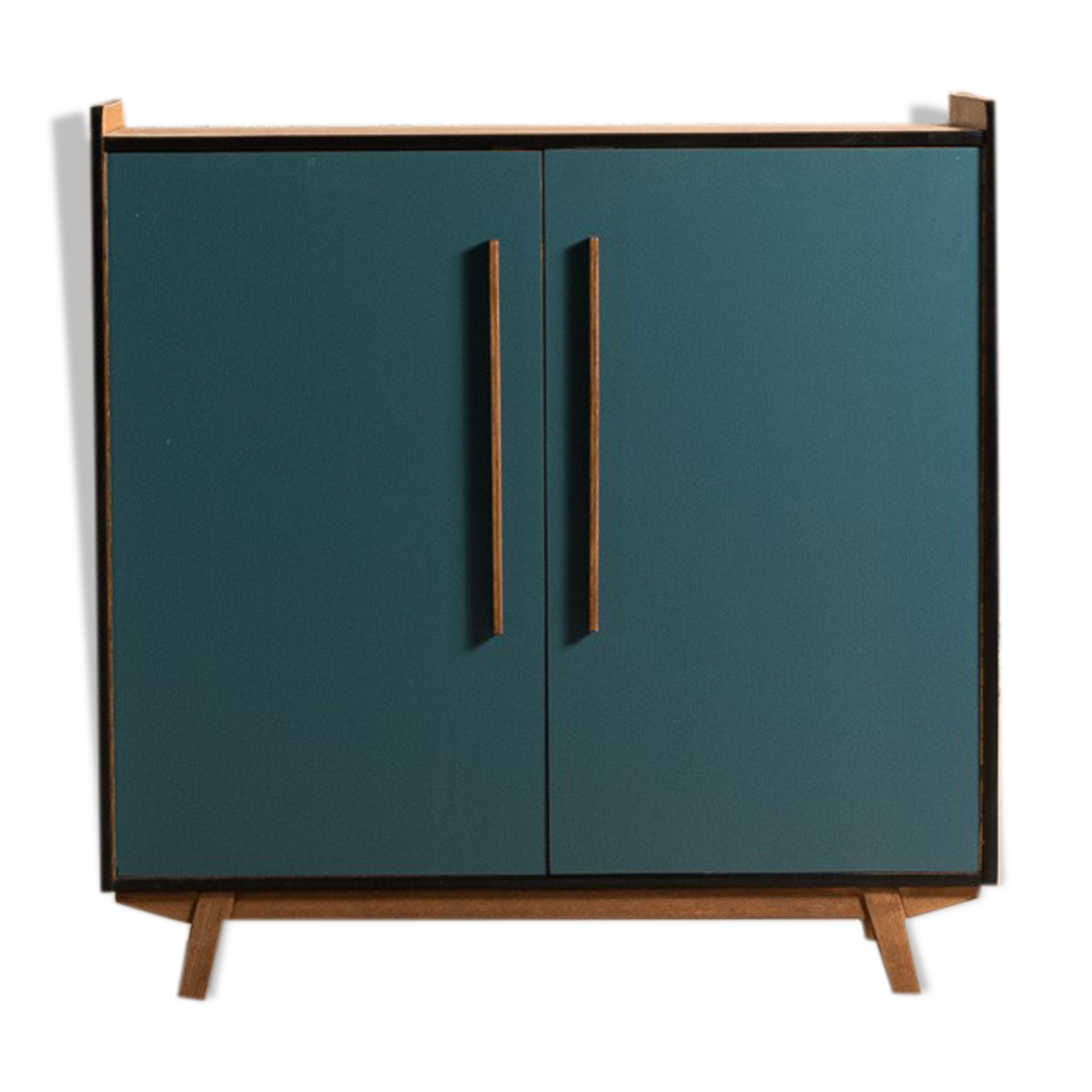 Vintage low sideboard restyled in blue with 2 swing doors and wooden base
